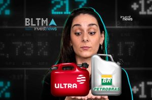 Mulher olha galões de combustível Ultra e Petrobras. Fundo digital com gráficos e números do mercado financeiro.
