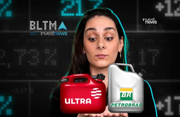 Mulher olha galões de combustível Ultra e Petrobras. Fundo digital com gráficos e números do mercado financeiro.