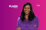 Mulher sorrindo de camisa roxa e braços cruzados. Logos 'FLASH investnews' e 'investnews' em fundo gradiente.