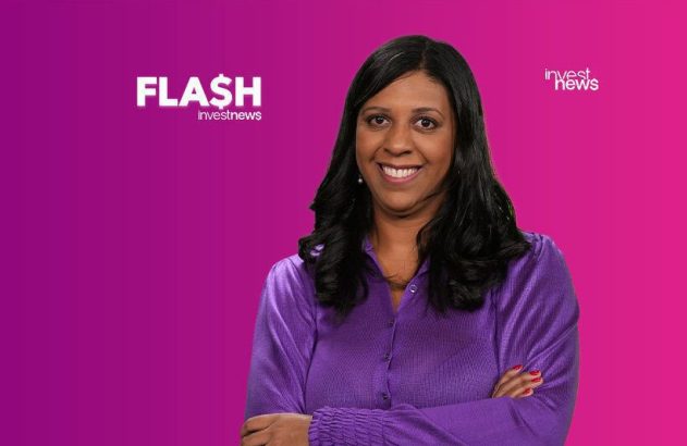 Mulher sorrindo de camisa roxa e braços cruzados. Logos 'FLASH investnews' e 'investnews' em fundo gradiente.