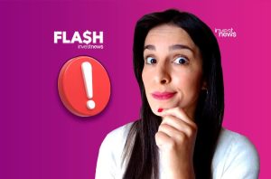 Mulher de olhos arregalados e mão no queixo reage a um alerta de exclamação e texto 'FLASH investnews'.