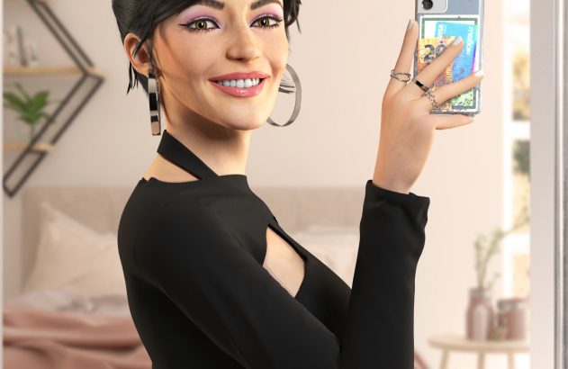 Mulher com cabelo preto e maquiagem rosa tira selfie no espelho do quarto.