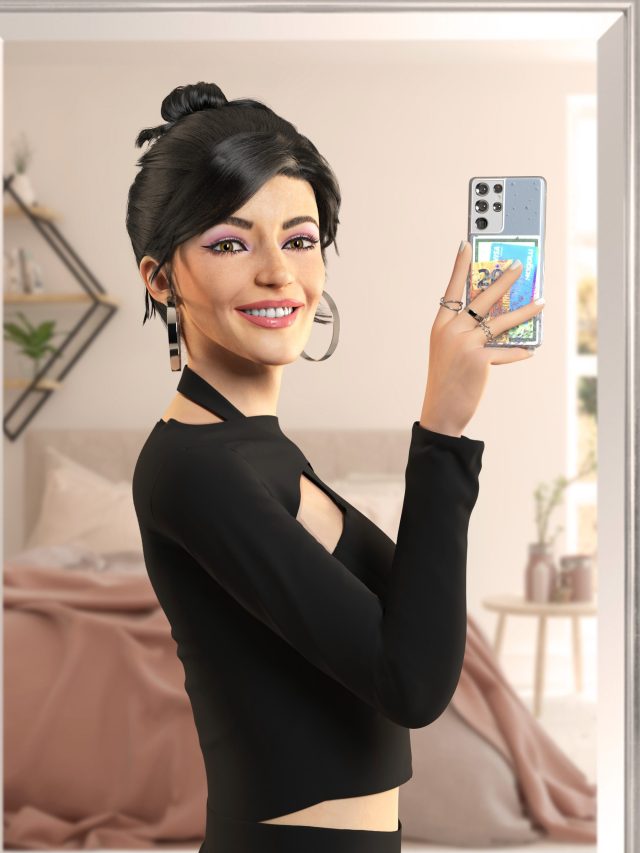 Mulher com cabelo preto e maquiagem rosa tira selfie no espelho do quarto.