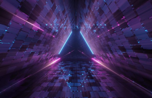 Túnel futurista triangular com painéis reflexivos e luzes neon azul e rosa.