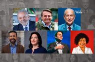 Grade de fotos de 7 políticos brasileiros (Lula, Bolsonaro, Ciro, Tebet), com fundo cinza de rostos.