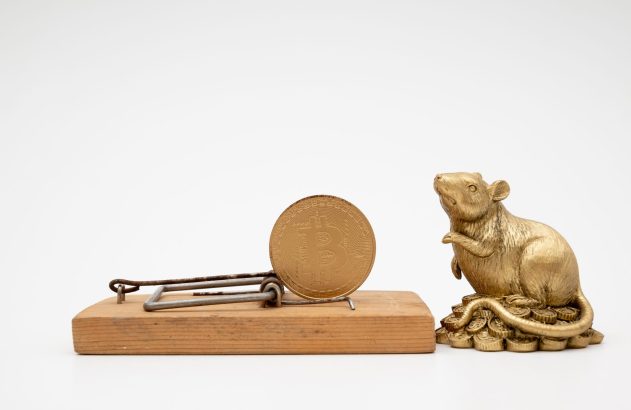Ratoeira com Bitcoin dourado de isca. Rato dourado sobre moedas olha a armadilha.