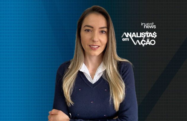 Mulher sorrindo, braços cruzados, contra fundo com logos 'invest news' e 'ANALISTAS em AÇÃO'.