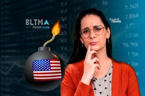 Mulher pensativa e bomba com bandeira dos EUA em fundo financeiro. Pavio aceso indica crise. investnews.
