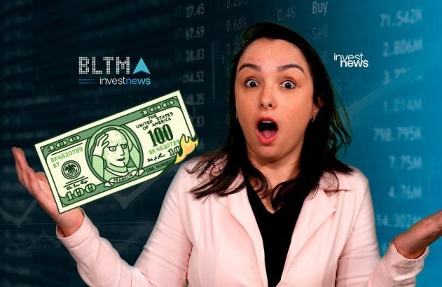 Mulher chocada olha nota de $100 em chamas em mãos abertas, fundo de mercado financeiro.