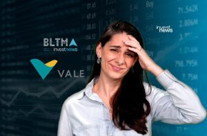 Mulher apreensiva com dados do mercado financeiro. Logos Investnews e VALE em segundo plano.