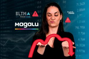 Mulher cética segura seta vermelha descendente, simbolizando queda de ações Magalu. Contexto financeiro com Investnews.