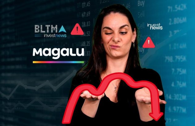 Mulher cética segura seta vermelha descendente, simbolizando queda de ações Magalu. Contexto financeiro com Investnews.