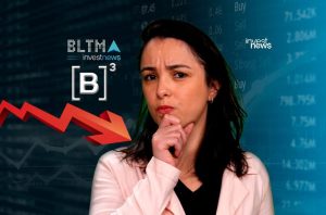 Mulher pensativa sobre queda do mercado financeiro, com gráficos, números e seta vermelha.