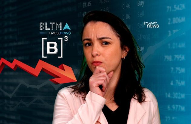 Mulher pensativa sobre queda do mercado financeiro, com gráficos, números e seta vermelha.