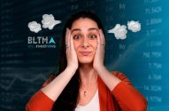 Mulher com expressão preocupada e mãos no rosto, sobre fundo de dados financeiros e logo "BLTMA investnews".