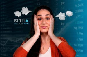 Mulher com expressão preocupada e mãos no rosto, sobre fundo de dados financeiros e logo "BLTMA investnews".
