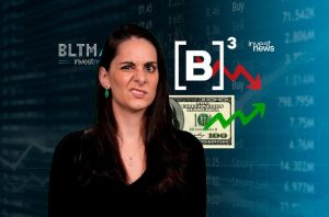 Mulher com expressão de frustração. Ao fundo, tela com dados financeiros, dólar, setas de alta e baixa do mercado.