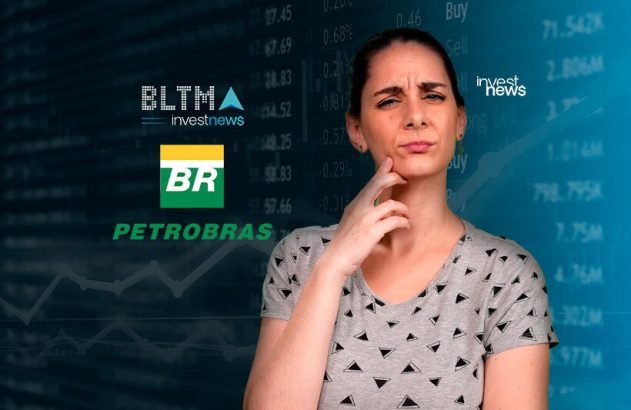 Mulher pensativa com logos BLTMA, investnews, BR e Petrobras, e dados de mercado financeiro ao fundo.