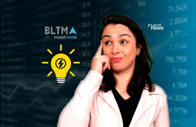 Mulher pensativa com lâmpada de ideia e fundo de mercado financeiro. BLTMA investnews.