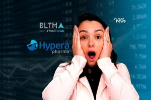 Mulher chocada com mãos no rosto, em frente a dados do mercado financeiro e logos (BLTMA, Hypera).