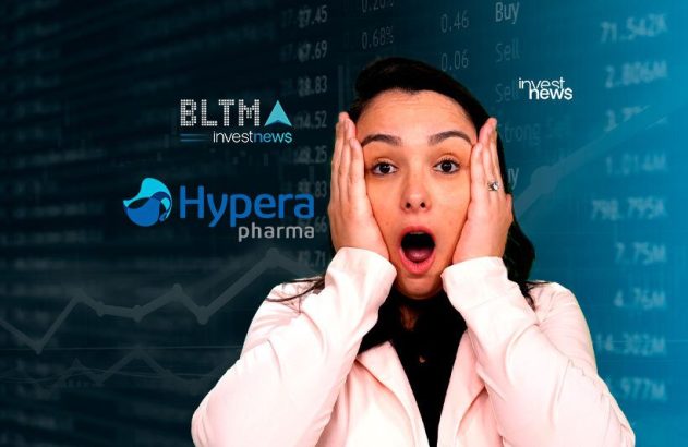 Mulher chocada com mãos no rosto, em frente a dados do mercado financeiro e logos (BLTMA, Hypera).