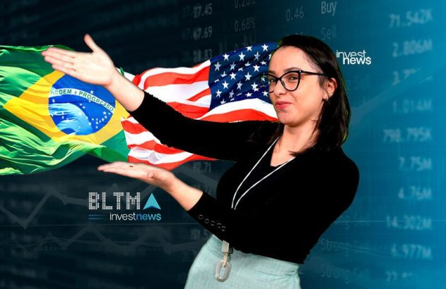 Mulher indica bandeiras do Brasil e EUA, com fundo de dados financeiros e logos 'invest news', 'BLTMA'.