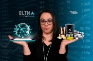 Mulher equilibra investimentos: tecnologia digital e commodities, sobre fundo financeiro.