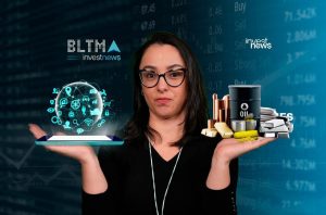 Mulher equilibra investimentos: tecnologia digital e commodities, sobre fundo financeiro.