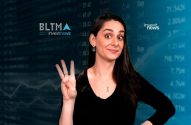 Mulher com expressão surpresa mostra três dedos, com logos "BLTMA" e "Investnews" e gráficos financeiros no fundo.