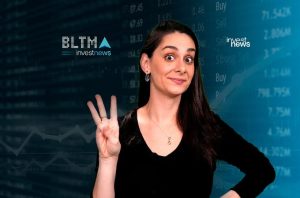 Mulher com expressão surpresa mostra três dedos, com logos "BLTMA" e "Investnews" e gráficos financeiros no fundo.