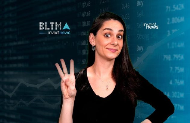 Mulher com expressão surpresa mostra três dedos, com logos "BLTMA" e "Investnews" e gráficos financeiros no fundo.