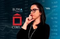 Mulher pensativa com óculos. Fundo com dados financeiros e logos BLTMA, Cyrela e Investnews.