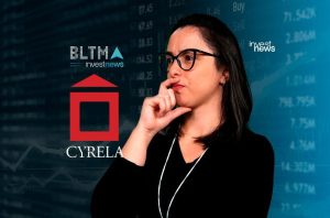 Mulher pensativa com óculos. Fundo com dados financeiros e logos BLTMA, Cyrela e Investnews.