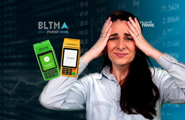 Mulher angustiada com maquininhas Stone e PagSeguro. Fundo financeiro. Uma exibe 'pagamento efetuado'.