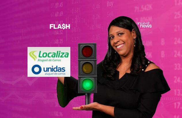 Mulher sorridente apresenta semáforo verde. Logos Localiza e Unidas, e fundo de dados financeiros. InvestNews.