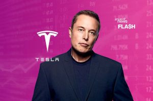 Retrato de Elon Musk com logos da Tesla e 'invest news FLASH' sobre fundo de dados financeiros em tons de rosa.