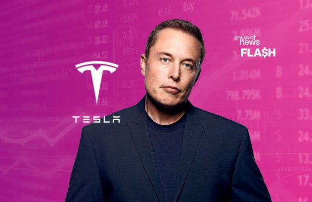 Retrato de Elon Musk com logos da Tesla e 'invest news FLASH' sobre fundo de dados financeiros em tons de rosa.