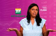 Mulher confusa com mãos abertas. Logos Petrobras, BR, Investnews Flash e gráficos financeiros ao fundo.