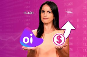Mulher confusa compara o logo da Oi com um cifrão e seta para cima. Texto "FLASH" e fundo com dados financeiros.