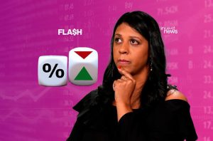 Mulher pensativa diante de dados (dados de jogo) com % e setas (para cima/baixo), em fundo financeiro.