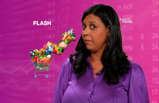 Mulher cética; carrinho de compras com alimentos em seta ascendente. Textos "FLASH" e "invest news" em fundo financeiro.