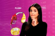 Mulher pensativa ao lado de bico de combustível com gota de óleo e euros, sobre fundo financeiro com 'FLASH InvestNews'.