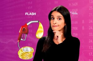 Mulher pensativa ao lado de bico de combustível com gota de óleo e euros, sobre fundo financeiro com 'FLASH InvestNews'.