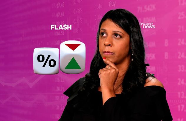 Mulher pensativa diante de dados (dados de jogo) com % e setas (para cima/baixo), em fundo financeiro.