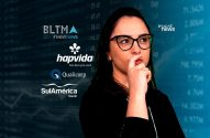 Mulher com óculos, pensativa, analisa o mercado de investimentos com gráficos e logos como Investnews e Hapvida.