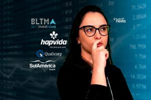 Mulher com óculos, pensativa, analisa o mercado de investimentos com gráficos e logos como Investnews e Hapvida.