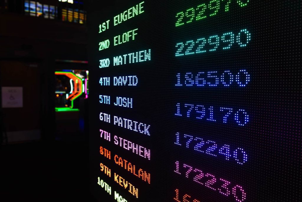 Placar mostrando, em letras coloridas, o ranking de pontuação de 10 jogadores em um criptogame.
