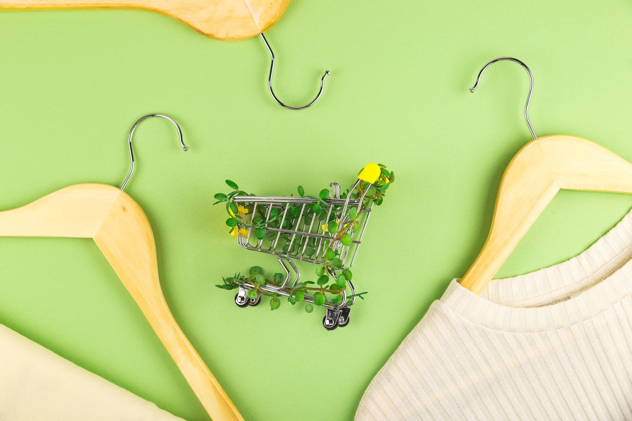 Carrinho de compras entrelaçado com plantas em fundo verde entre cabides