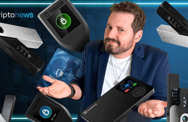 Homem com expressão de dúvida cercado por hardware wallets de criptomoedas (Ledger, Trezor, SafePal, CoolWallet).