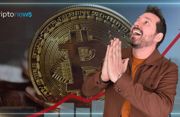 Homem otimista com mãos em prece diante de Bitcoin dourado e gráfico de alta. Logo Criptonews.